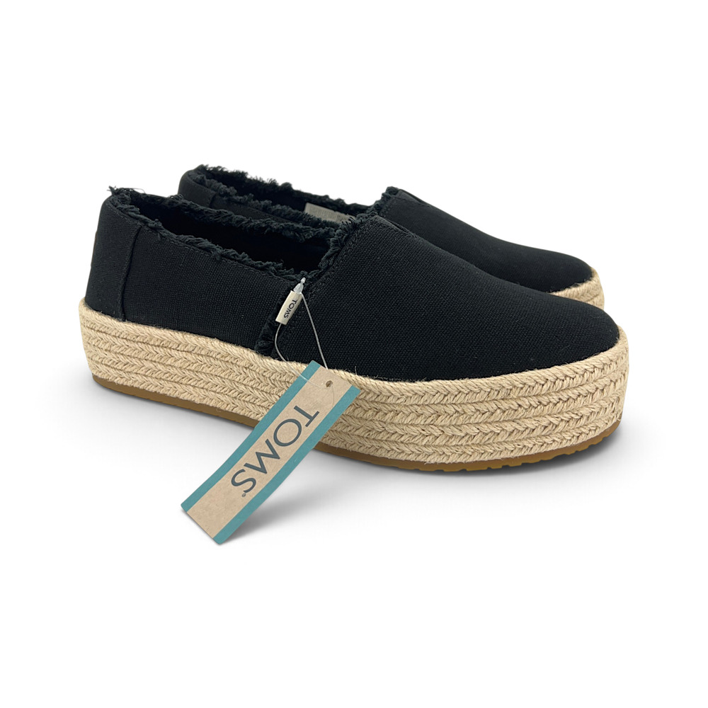 TOMS Valencia Platform Espadrille Slip-On Women's 9.5 Wide Black Canvas Fray